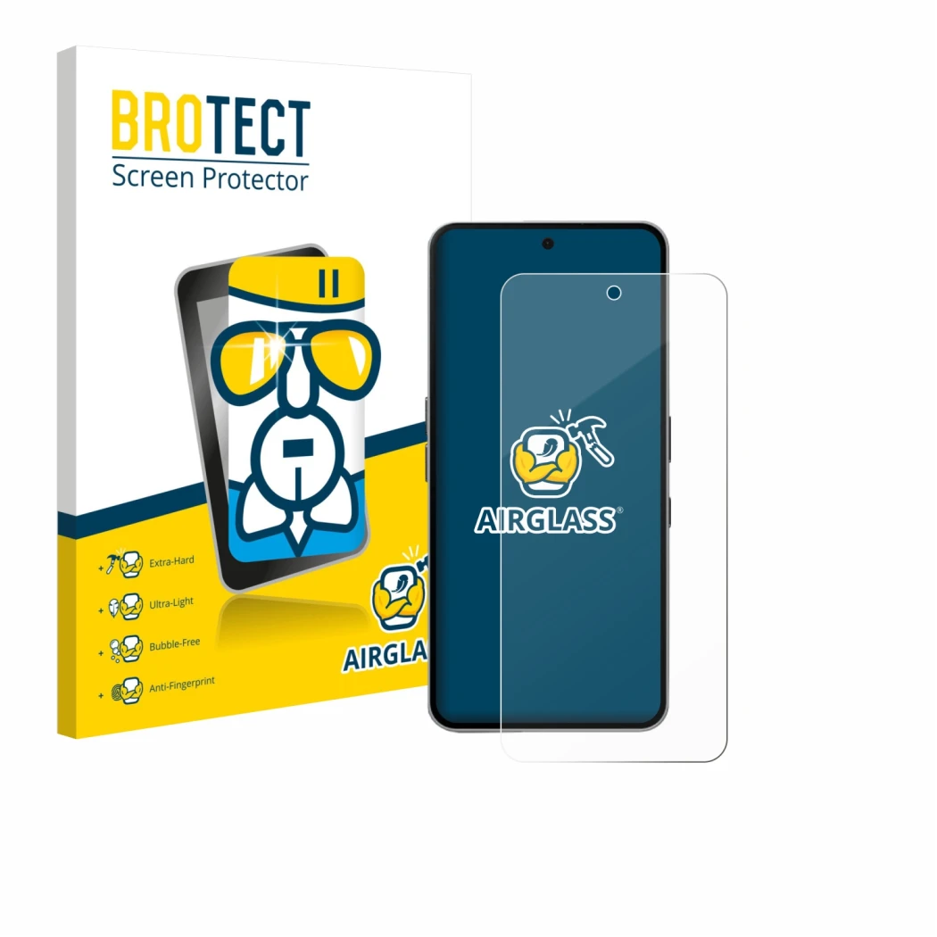 Front side of a product packaging with the brand logo BROTECT. Next to it is the device Nothing Phone (3a) Pro shown with the 