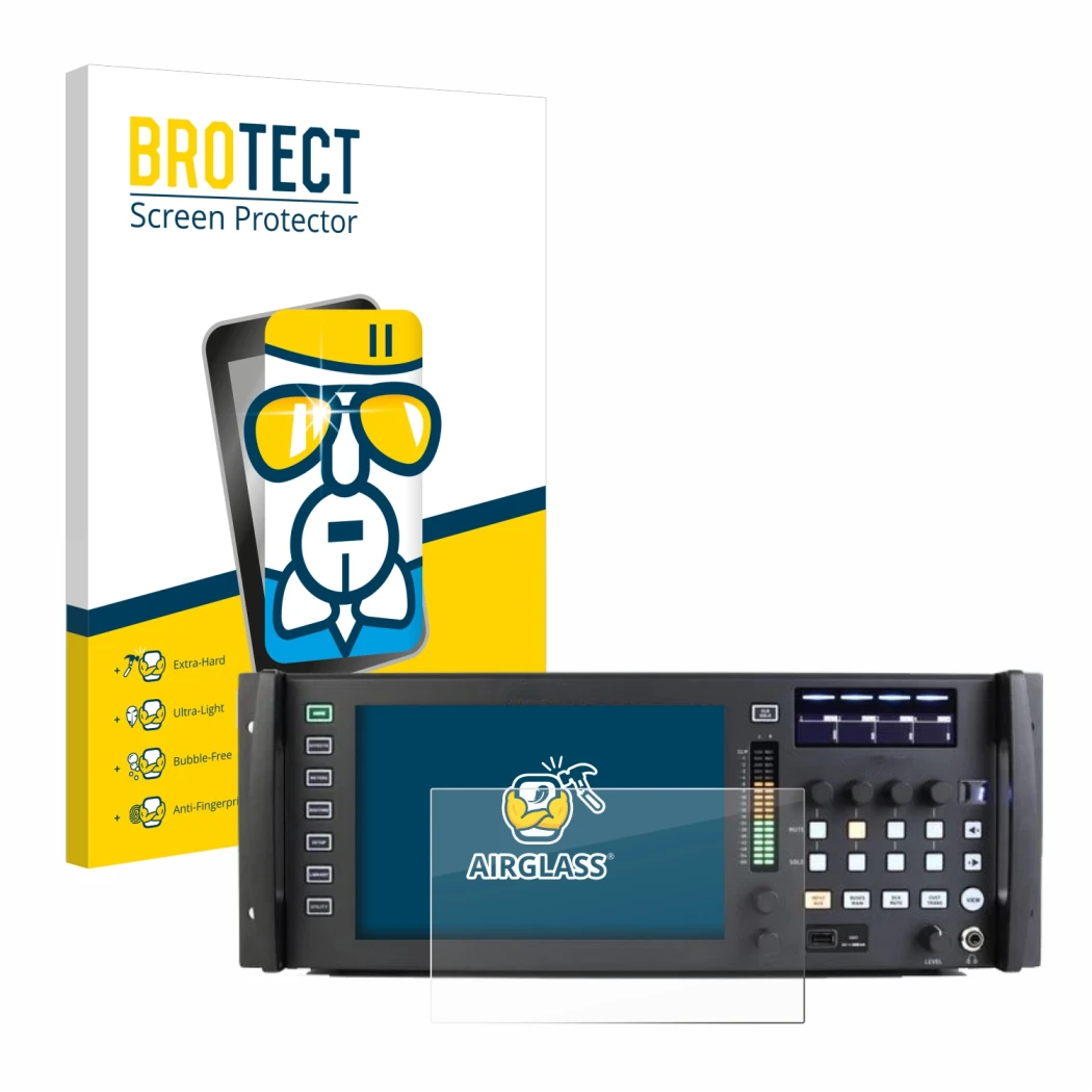 Front side of a product packaging with the brand logo BROTECT. Next to it is the device Behringer Wing Rack shown with the cor