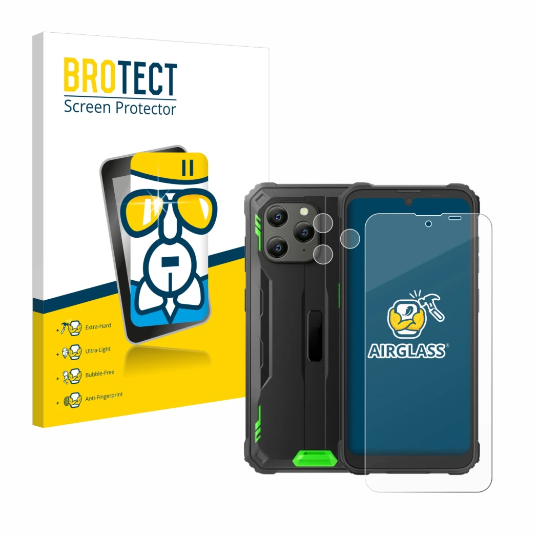 Front side of a product packaging with the brand logo BROTECT. Next to it is the device Blackview BV5300 Plus (Front+Camera) s