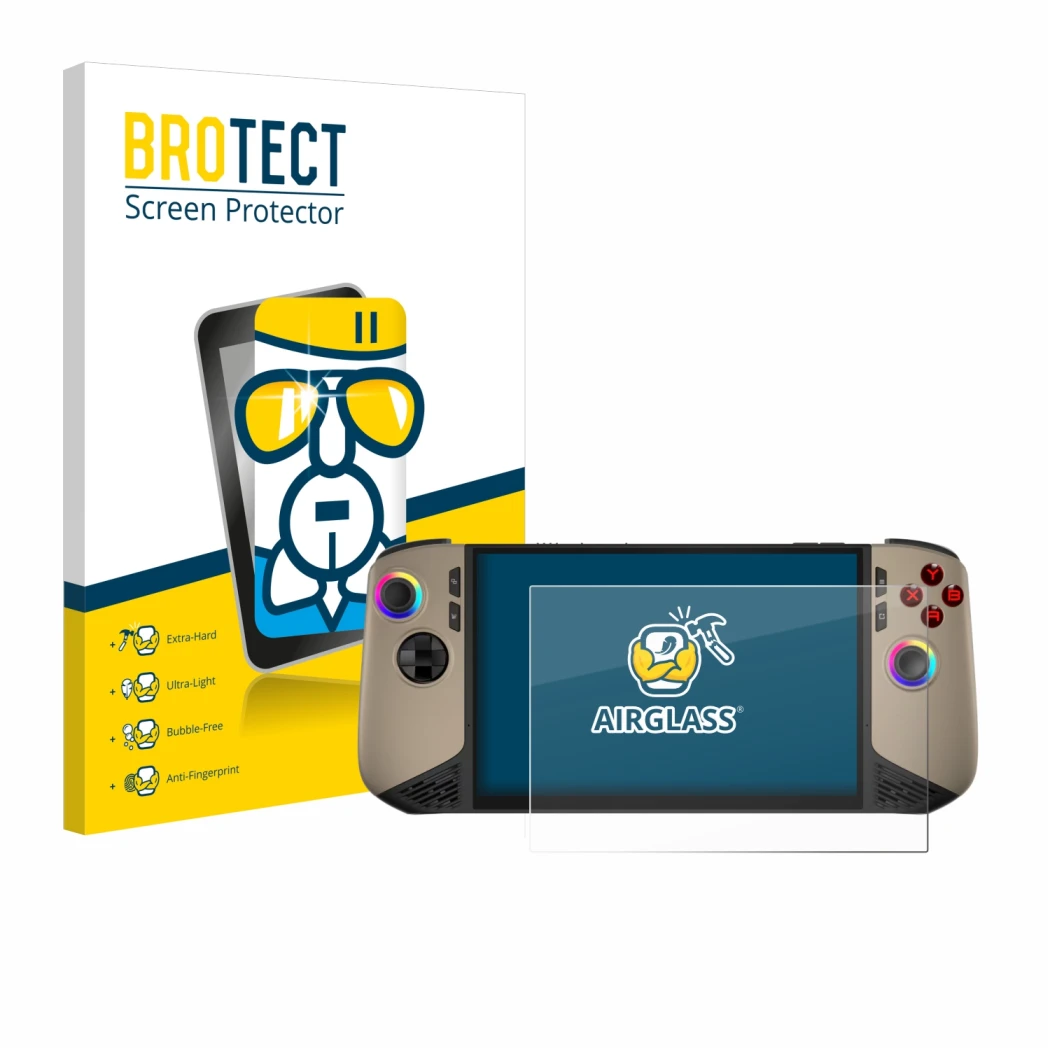 Front side of a product packaging with the brand logo BROTECT. Next to it is the device MSI Claw 8 AI+ shown with the correspo