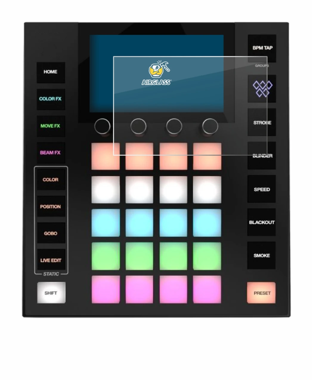 Image of the device Wolfmix W1 MK2 with a wide variety of screen protectors.