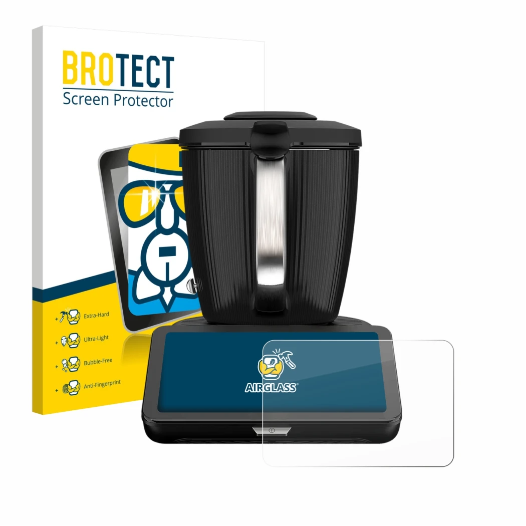 Front side of a product packaging with the brand logo BROTECT. Next to it is the device Vorwerk Thermomix TM7 shown with the c
