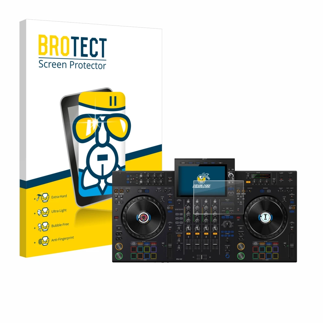Front side of a product packaging with the brand logo BROTECT. Next to it is the device Pioneer XDJ-AZ shown with the correspo