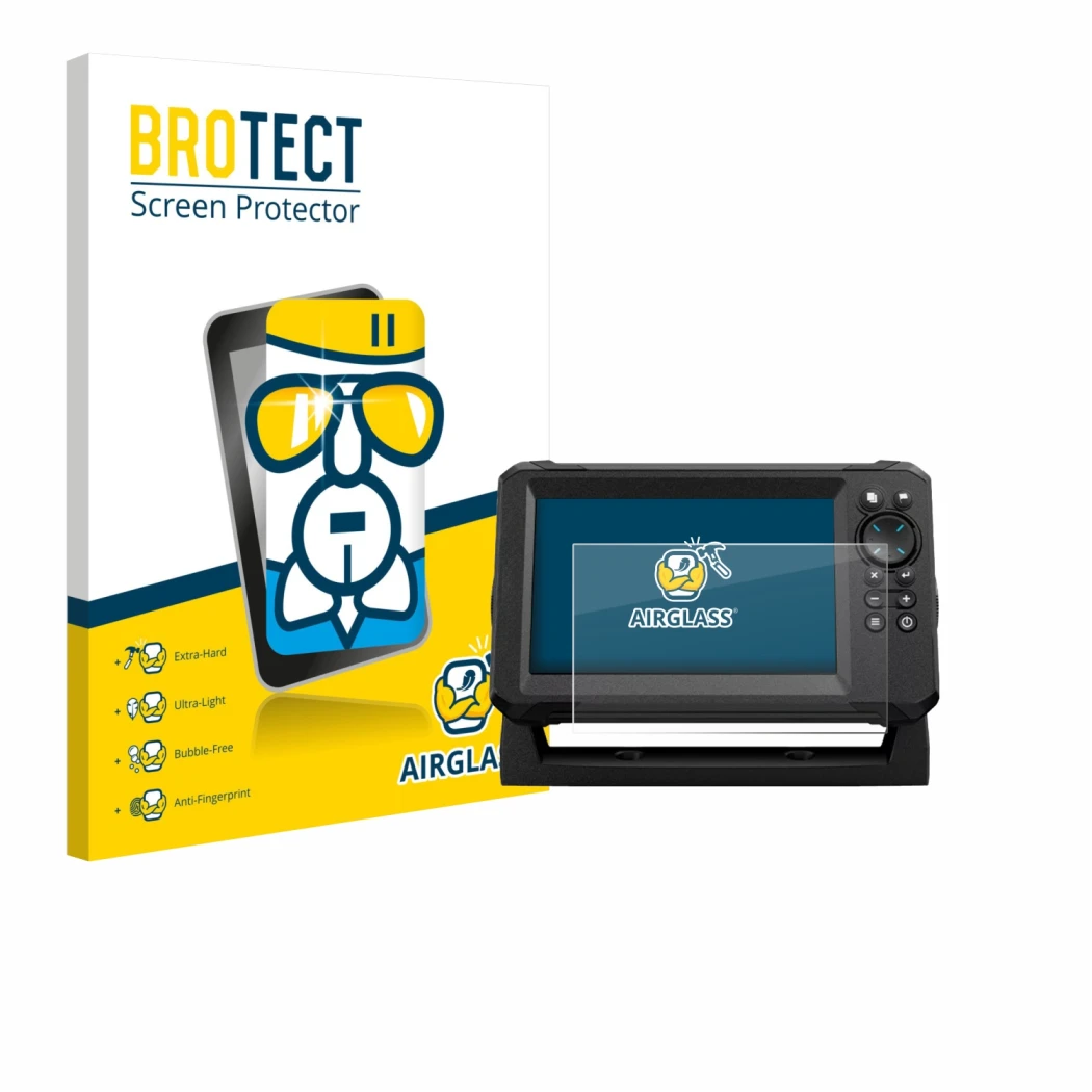 Front side of a product packaging with the brand logo BROTECT. Next to it is the device Lowrance Eagle 7 shown with the corres