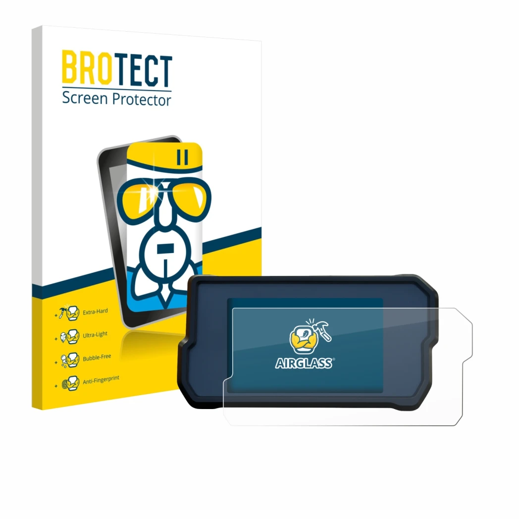 Front side of a product packaging with the brand logo BROTECT. Next to it is the device KTM RC125 / RC390 2022+ shown with the