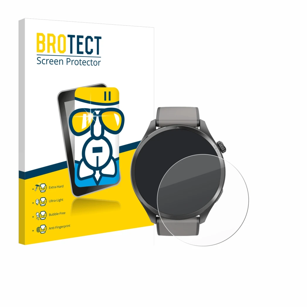 Front side of a product packaging with the brand logo BROTECT. Next to it is the device Hama Smartwatch 9000 shown with the co