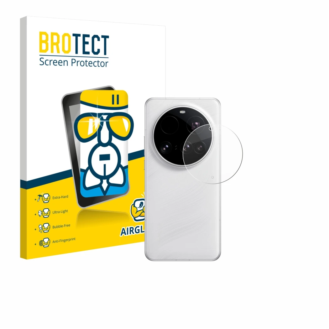Front side of a product packaging with the brand logo BROTECT. Next to it is the device Xiaomi 15 Ultra (ONLY Camera Lens) sho