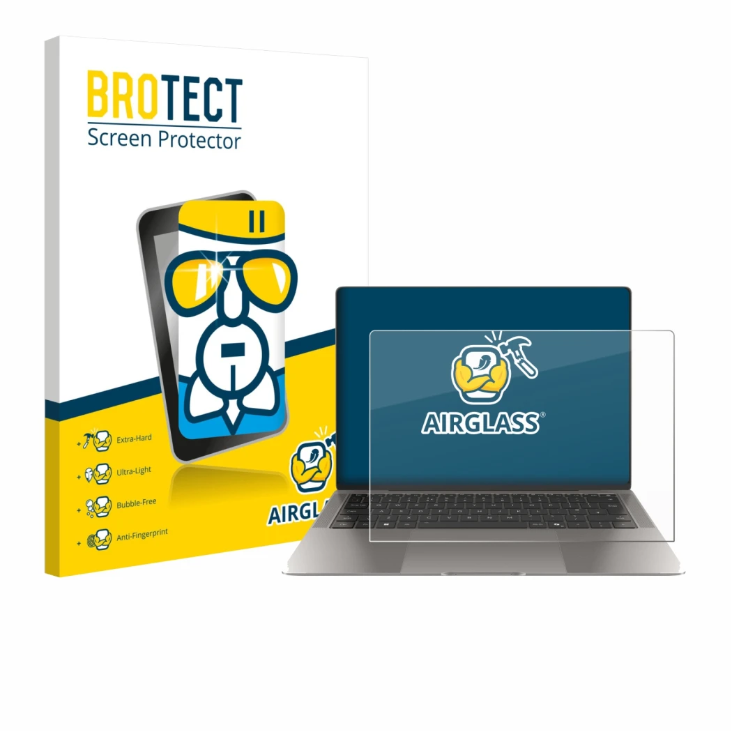 Front side of a product packaging with the brand logo BROTECT. Next to it is the device Honor MagicBook Art 14 shown with the 