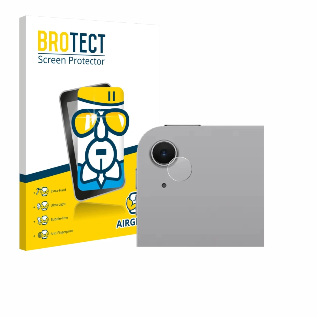 Front side of a product packaging with the brand logo BROTECT. Next to it is the device Apple iPad Air 11