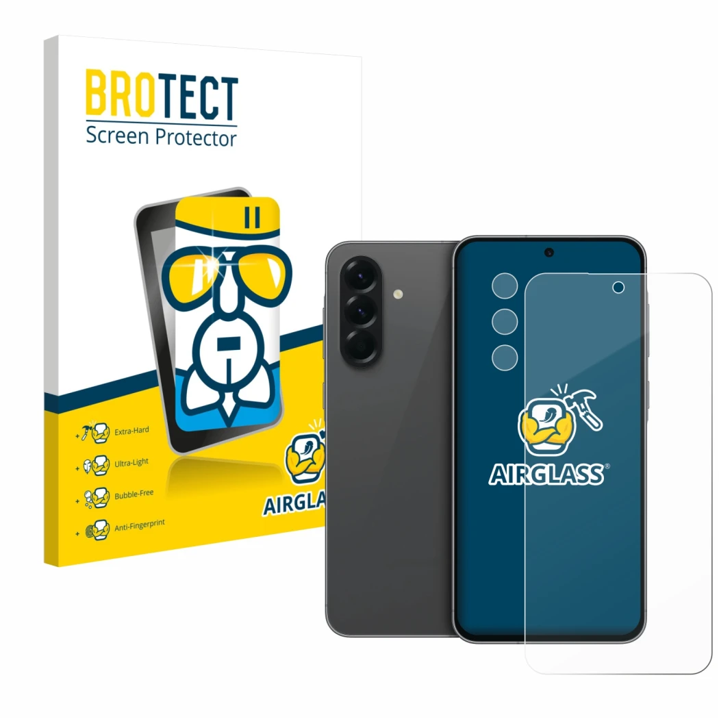Front side of a product packaging with the brand logo BROTECT. Next to it is the device Samsung Galaxy A56 5G (Front+Camera) s