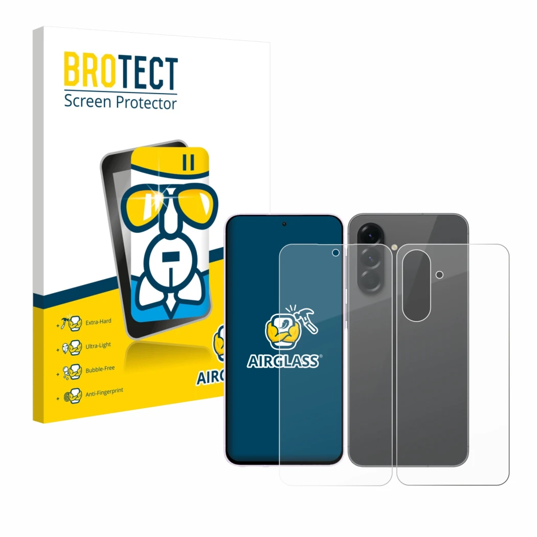 Front side of a product packaging with the brand logo BROTECT. Next to it is the device Samsung Galaxy A56 5G (Front+Back) sho