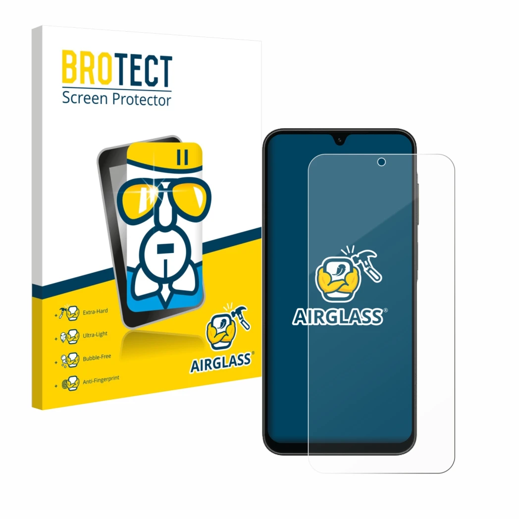 Front side of a product packaging with the brand logo BROTECT. Next to it is the device Samsung Galaxy A26 5G shown with the c