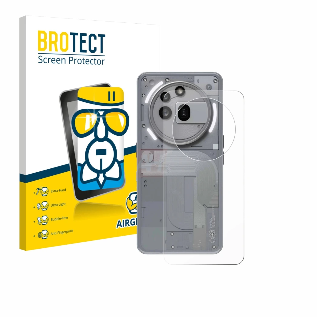 Front side of a product packaging with the brand logo BROTECT. Next to it is the device Nothing Phone (3a) Pro (Back) shown wi