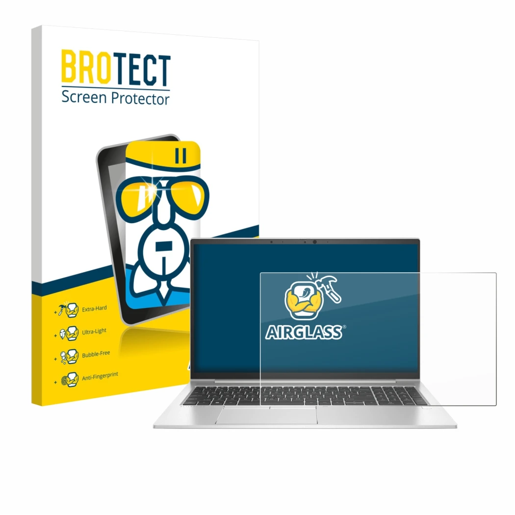 Front side of a product packaging with the brand logo BROTECT. Next to it is the device HP EliteBook 855 G8 shown with the cor