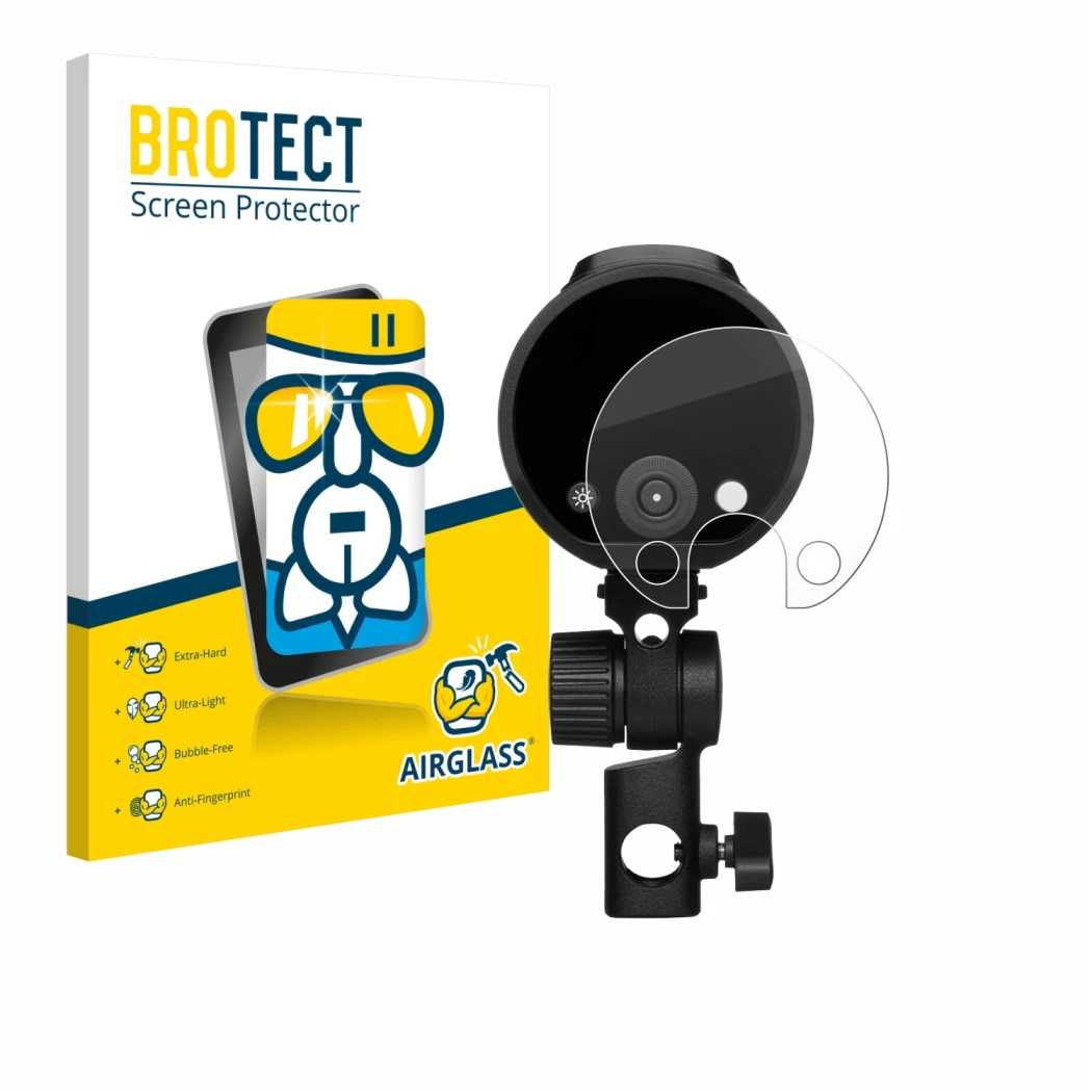 Front side of a product packaging with the brand logo BROTECT. Next to it is the device Profoto A2 shown with the correspondin