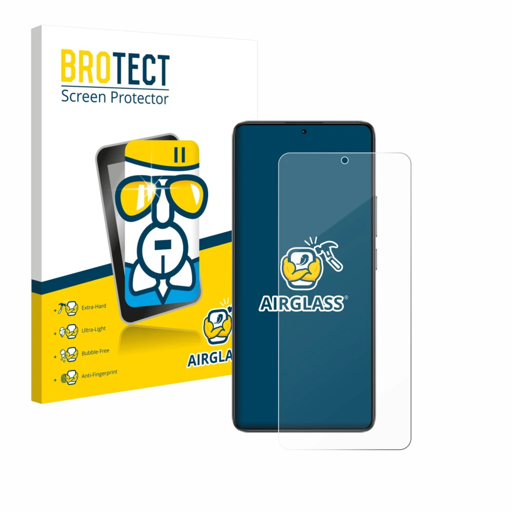 Front side of a product packaging with the brand logo BROTECT. Next to it is the device Xiaomi Poco F7 Ultra shown with the co