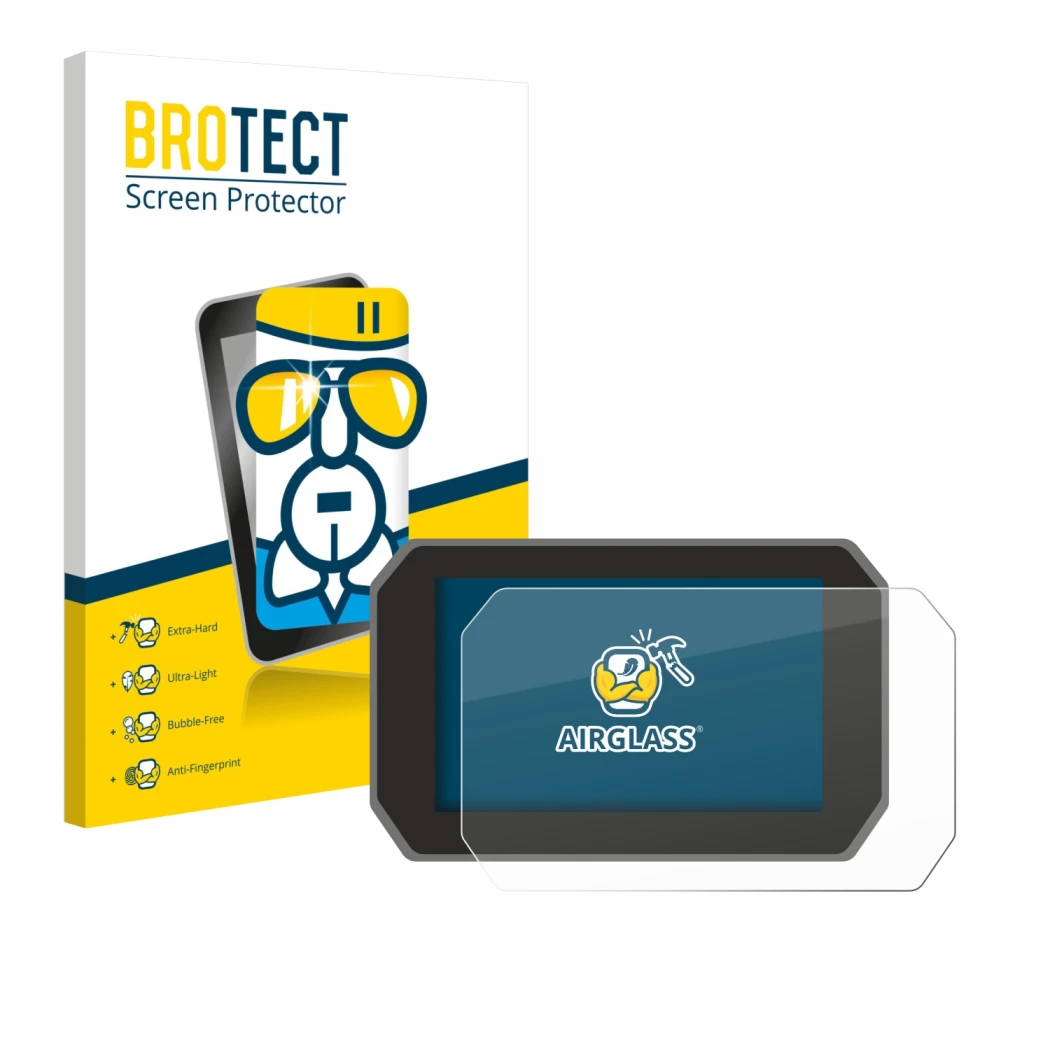 Front side of a product packaging with the brand logo BROTECT. Next to it is the device Yamaha Tracer 9 GT+ 2025 shown with th