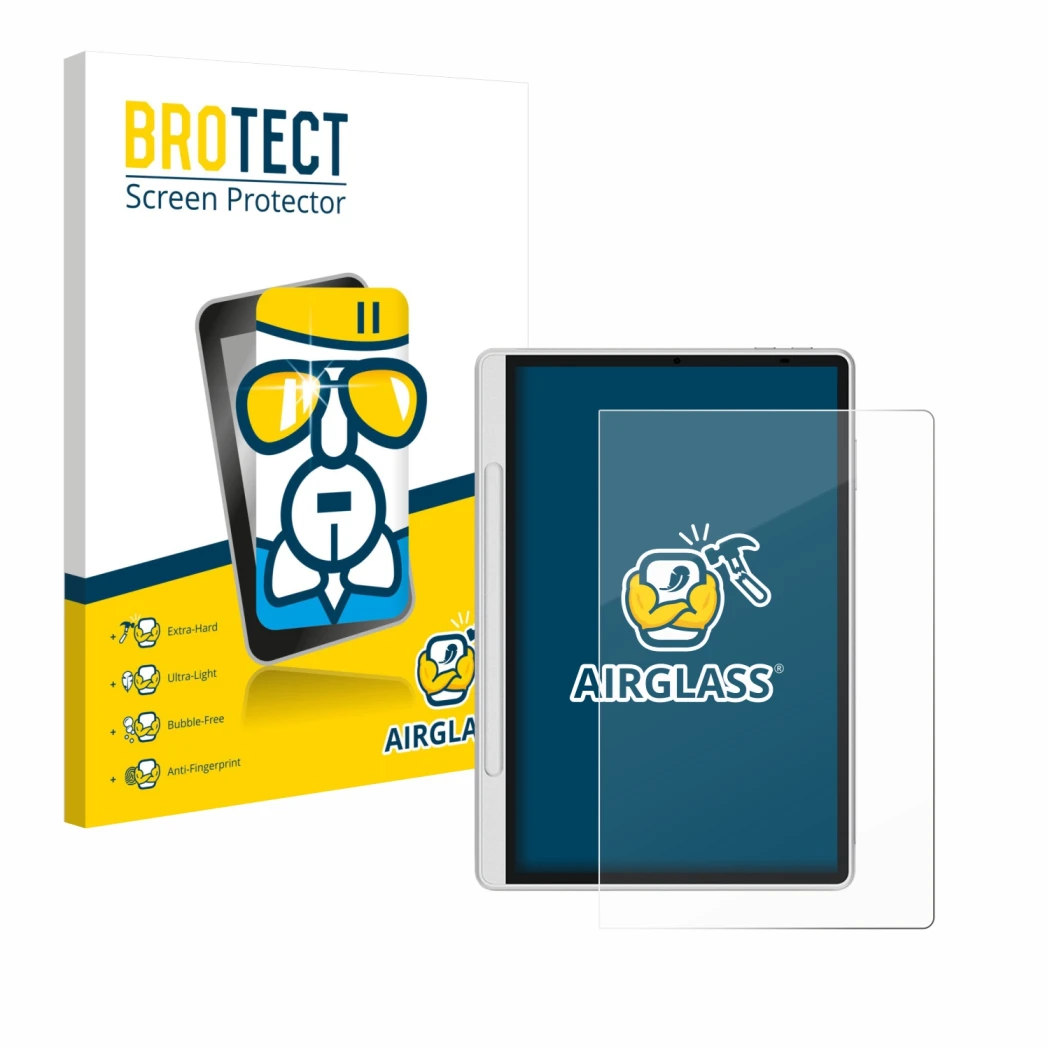 Front side of a product packaging with the brand logo BROTECT. Next to it is the device XP-Pen Magic Note Pad shown with the c