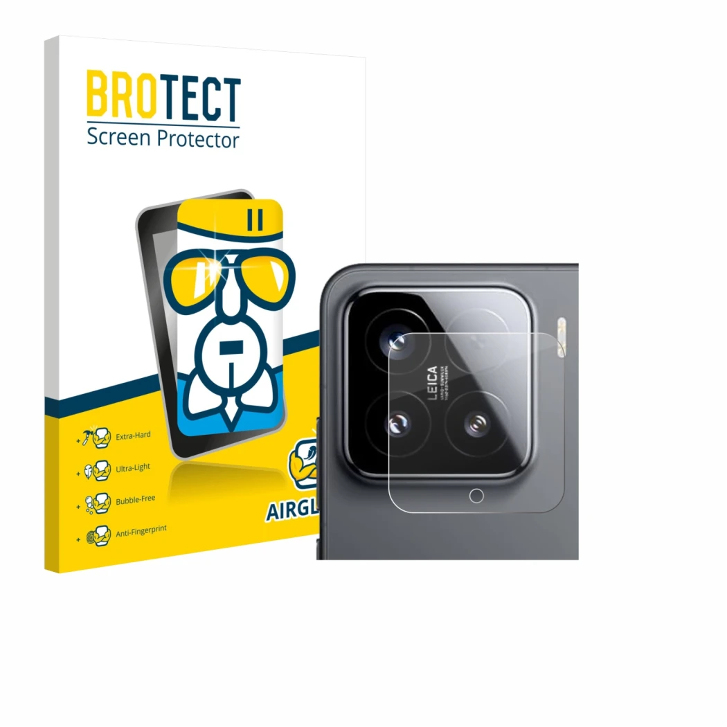 Front side of a product packaging with the brand logo BROTECT. Next to it is the device Xiaomi 15 (ONLY Camera Lens) shown wit