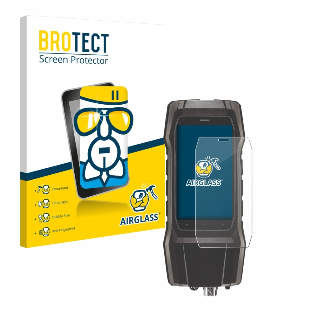 Front side of a product packaging with the brand logo BROTECT. Next to it is the device Testo 300 shown with the corresponding