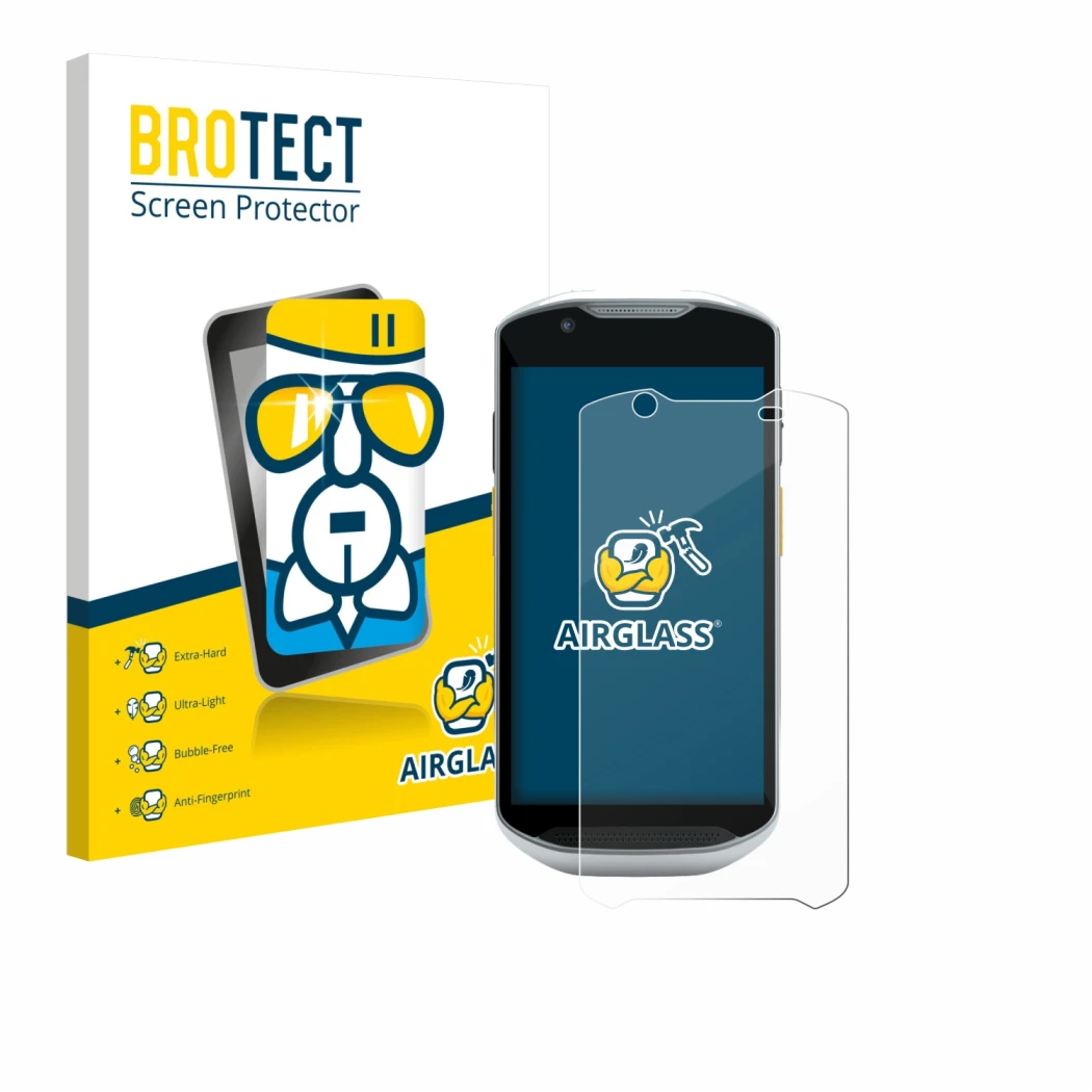 Front side of a product packaging with the brand logo BROTECT. Next to it is the device Zebra TC52x-HC shown with the correspo