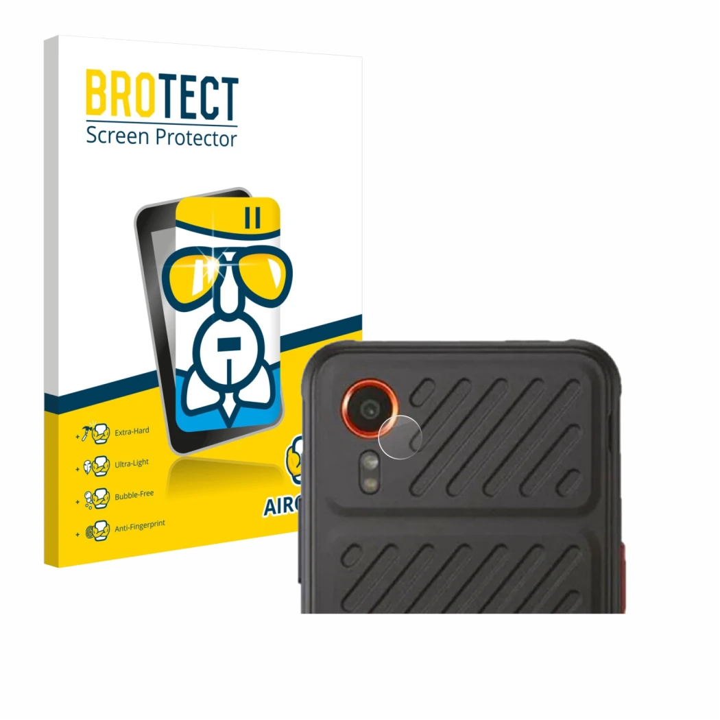 Front side of a product packaging with the brand logo BROTECT. Next to it is the device Samsung Galaxy XCover 7 Enterprise Edi