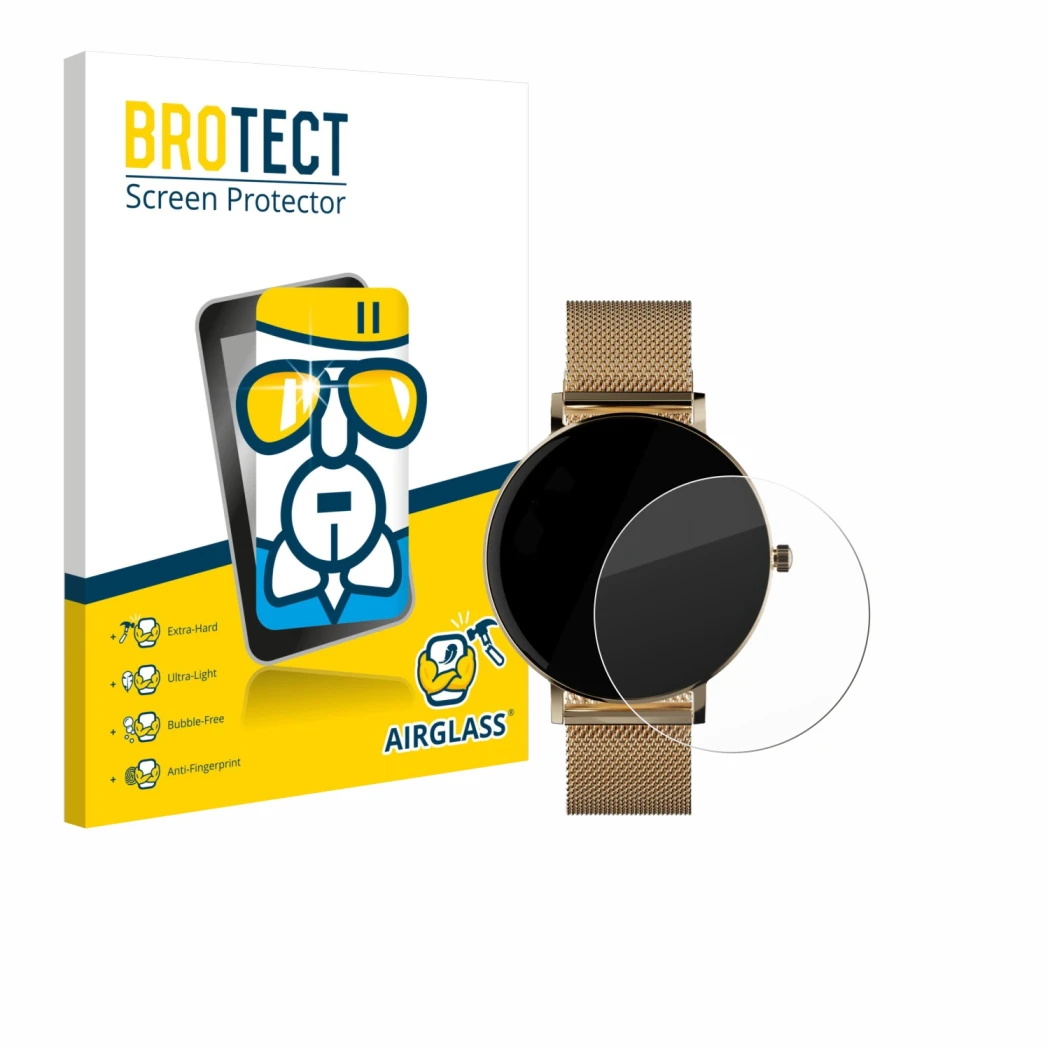 Front side of a product packaging with the brand logo BROTECT. Next to it is the device ZenWatch Venice Pro shown with the cor