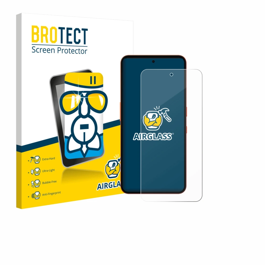 Front side of a product packaging with the brand logo BROTECT. Next to it is the device Nothing CMF Phone 2 Pro shown with the