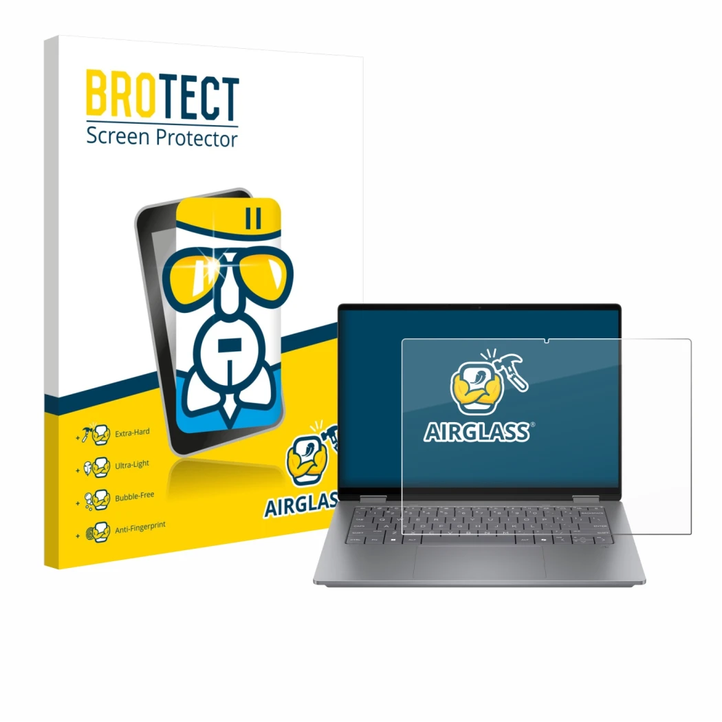 Front side of a product packaging with the brand logo BROTECT. Next to it is the device HP OmniBook X Flip 14 shown with the c