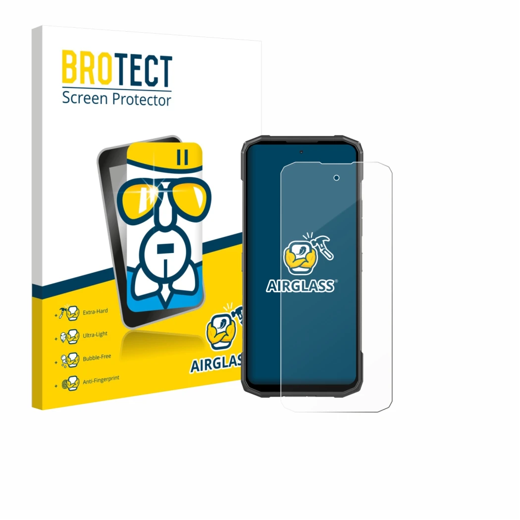 Front side of a product packaging with the brand logo BROTECT. Next to it is the device Doogee Blade 20 Turbo shown with the c