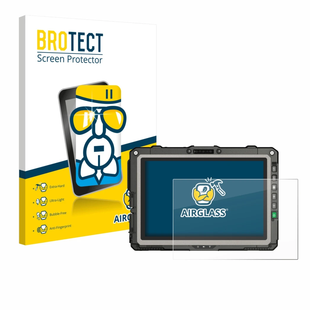 Front side of a product packaging with the brand logo BROTECT. Next to it is the device Getac UX10 G3 shown with the correspon