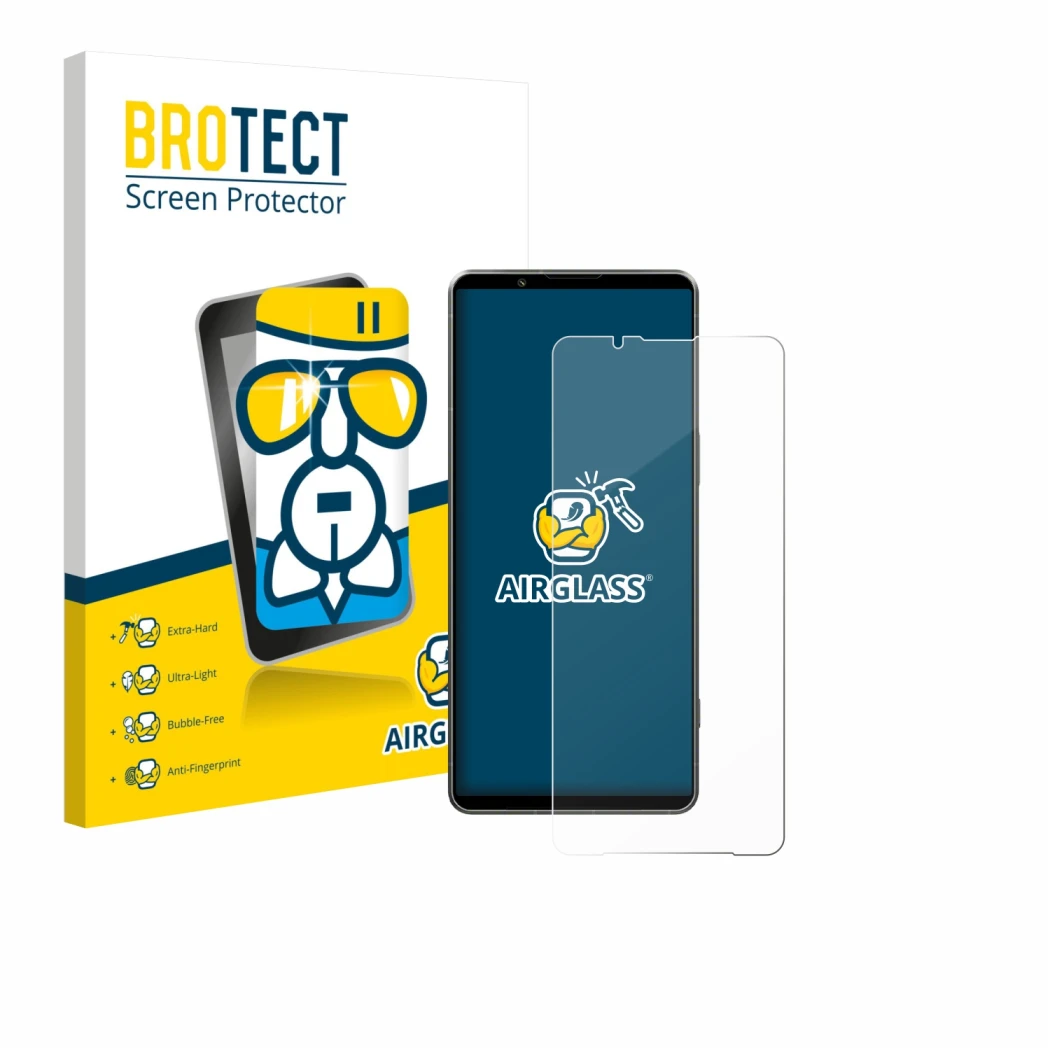 Front side of a product packaging with the brand logo BROTECT. Next to it is the device Sony Xperia 1 VII shown with the corre