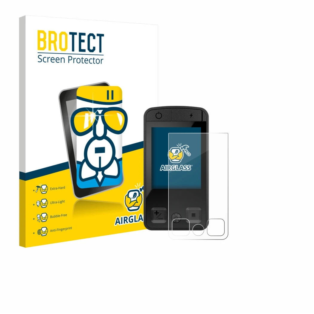 Front side of a product packaging with the brand logo BROTECT. Next to it is the device Bosch Kiox 400C shown with the corresp