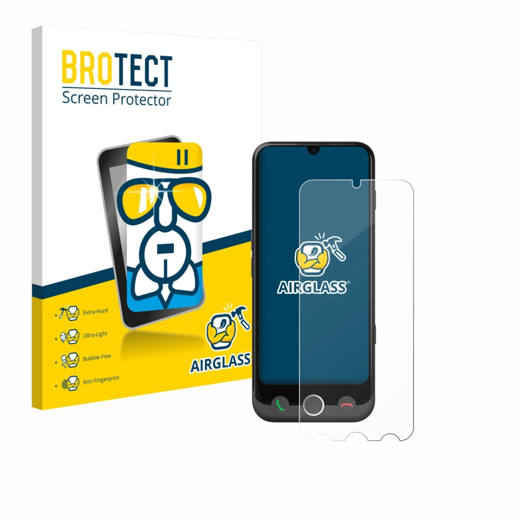 Front side of a product packaging with the brand logo BROTECT. Next to it is the device Doro Aurora A30 shown with the corresp