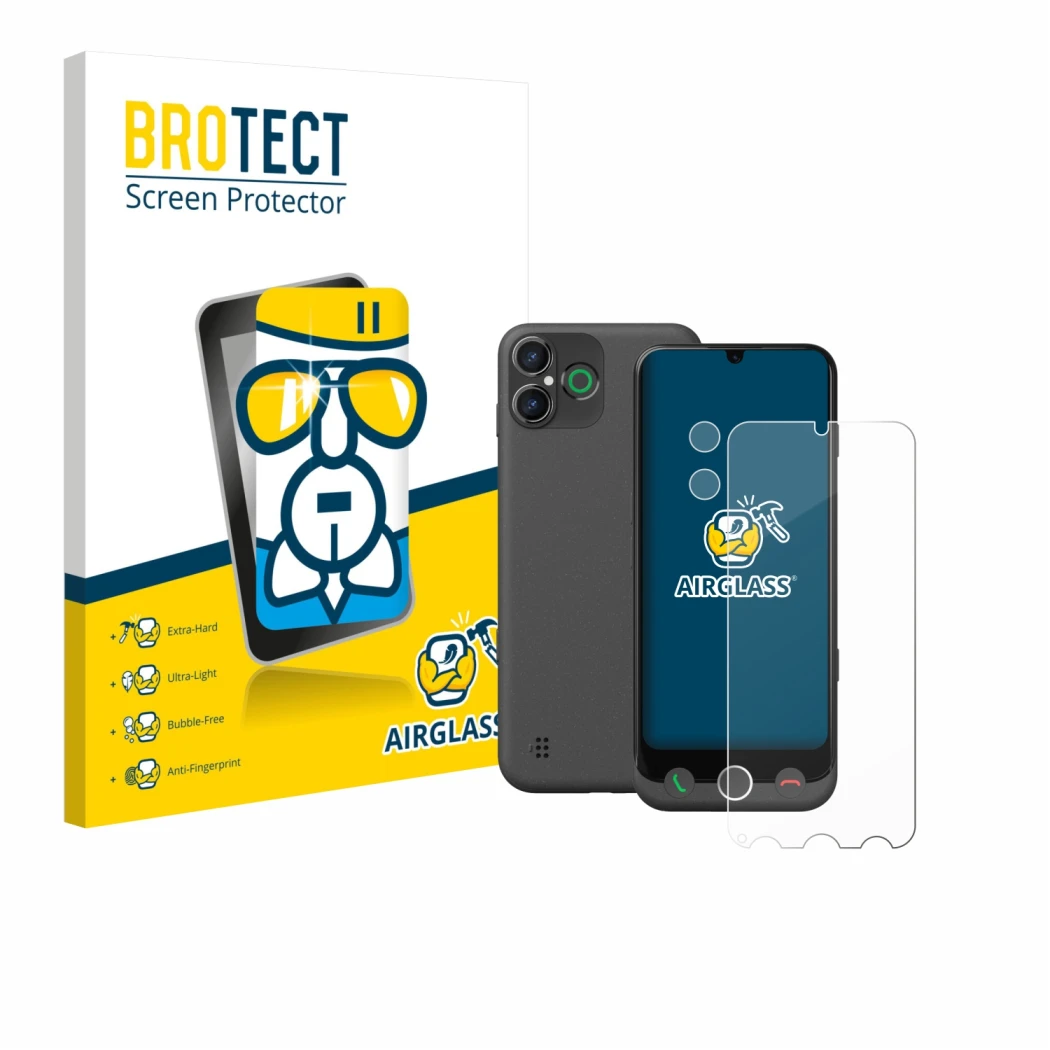 Front side of a product packaging with the brand logo BROTECT. Next to it is the device Doro Aurora A30 (Front+Camera) shown w