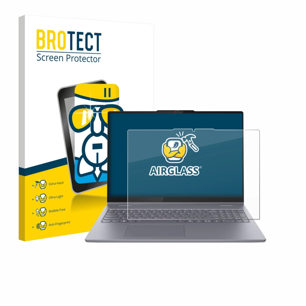 Front side of a product packaging with the brand logo BROTECT. Next to it is the device Lenovo IdeaPad 5 2-in-1 14AKP10 shown 