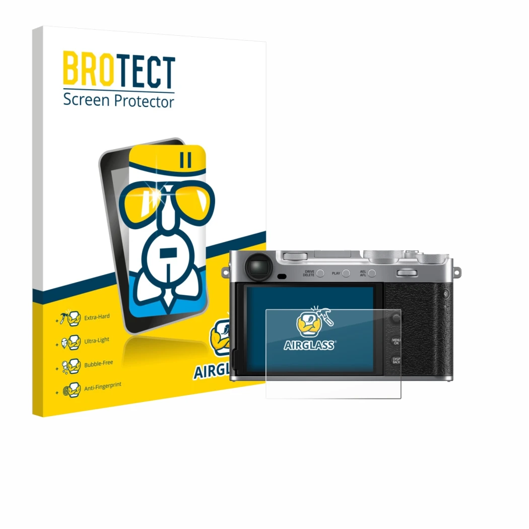 Front side of a product packaging with the brand logo BROTECT. Next to it is the device Fujifilm X-E5 shown with the correspon