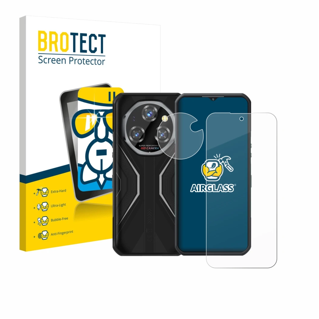 Front side of a product packaging with the brand logo BROTECT. Next to it is the device Oukitel WP55 Pro (Front+Camera) shown