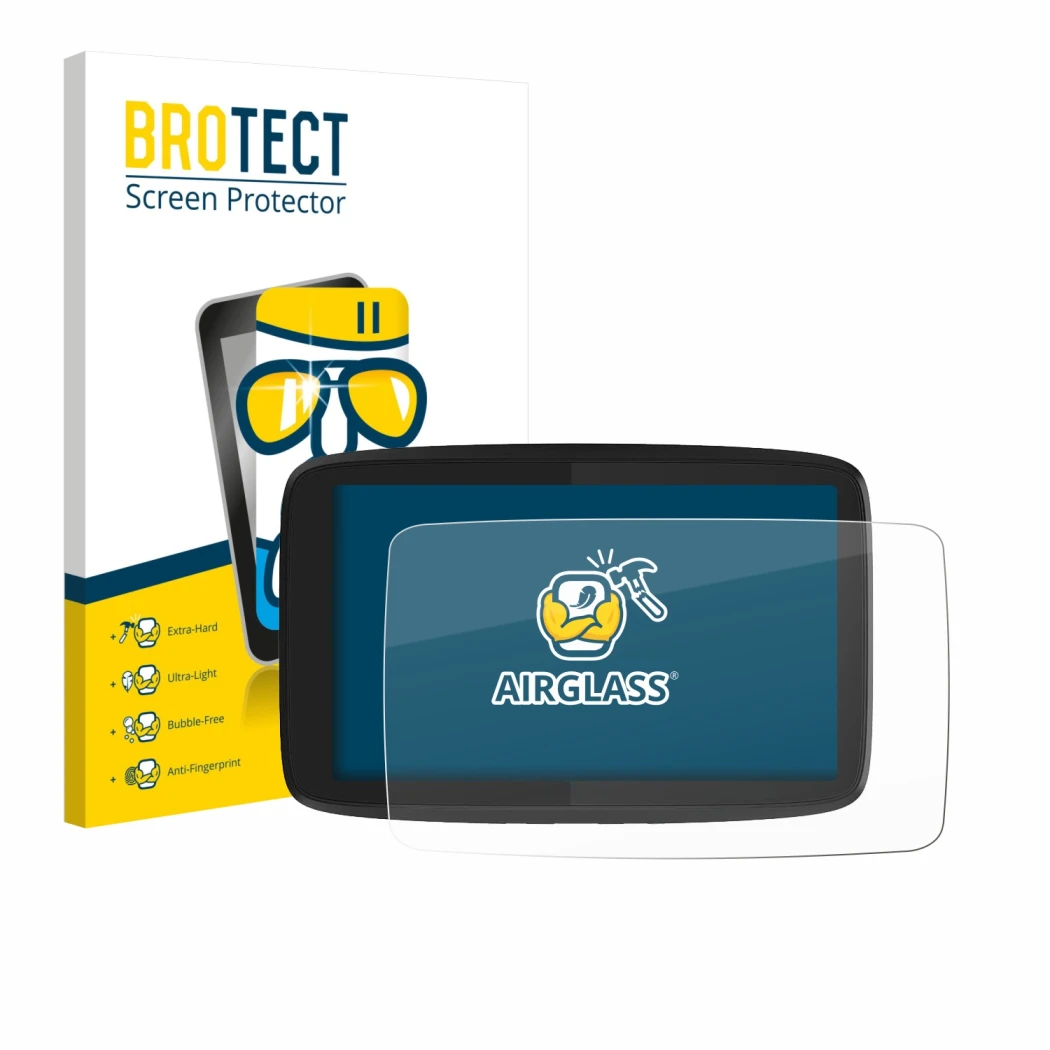 Front side of a product packaging with the brand logo BROTECT. Next to it is the device TomTom GO Camper Tour shown with the c