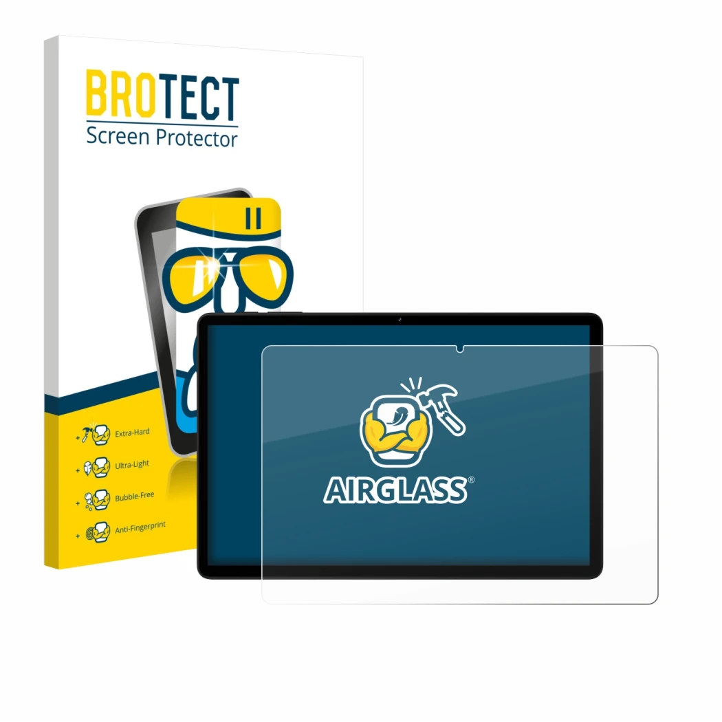 Front side of a product packaging with the brand logo BROTECT. Next to it is the device Doogee Tab G6 shown with the correspon