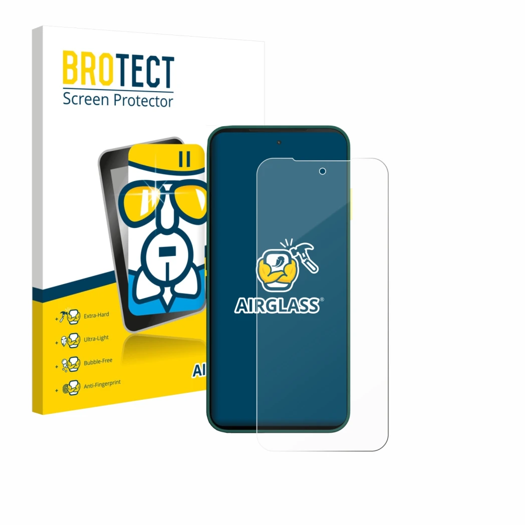 Front side of a product packaging with the brand logo BROTECT. Next to it is the device Fairphone 6 shown with the correspondi