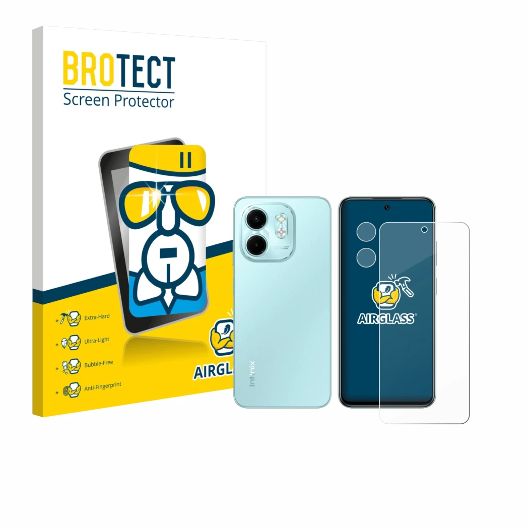 Front side of a product packaging with the brand logo BROTECT. Next to it is the device Infinix Smart 9 (Front+Camera) shown w