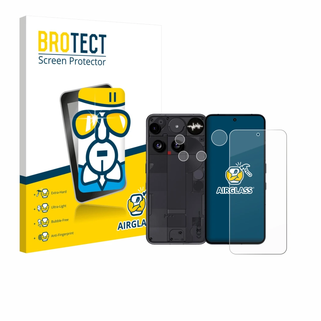Front side of a product packaging with the brand logo BROTECT. Next to it is the device Nothing Phone (3) (Front+Camera) shown