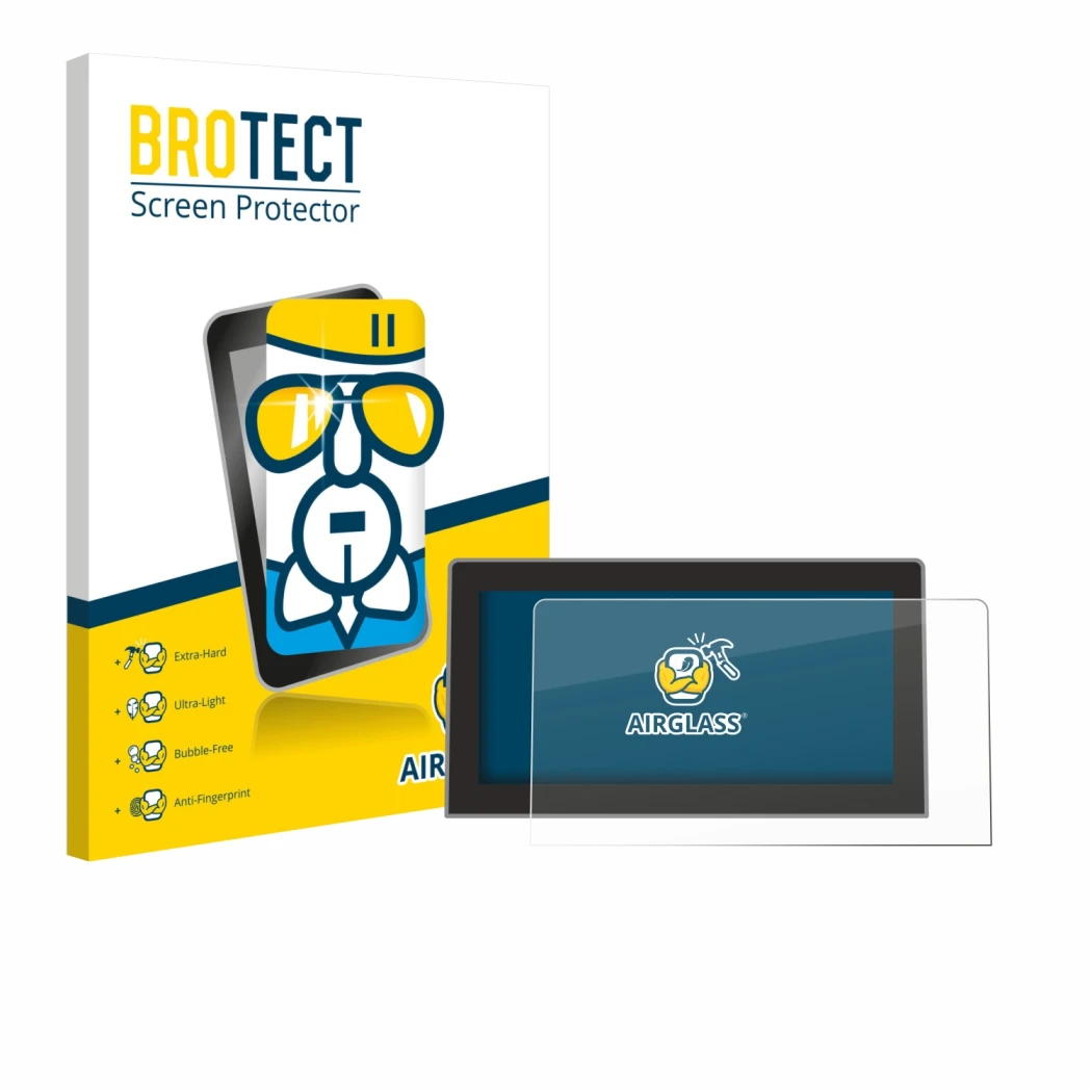 Front side of a product packaging with the brand logo BROTECT. Next to it is the device Volkswagen Golf MK8.5 12.9