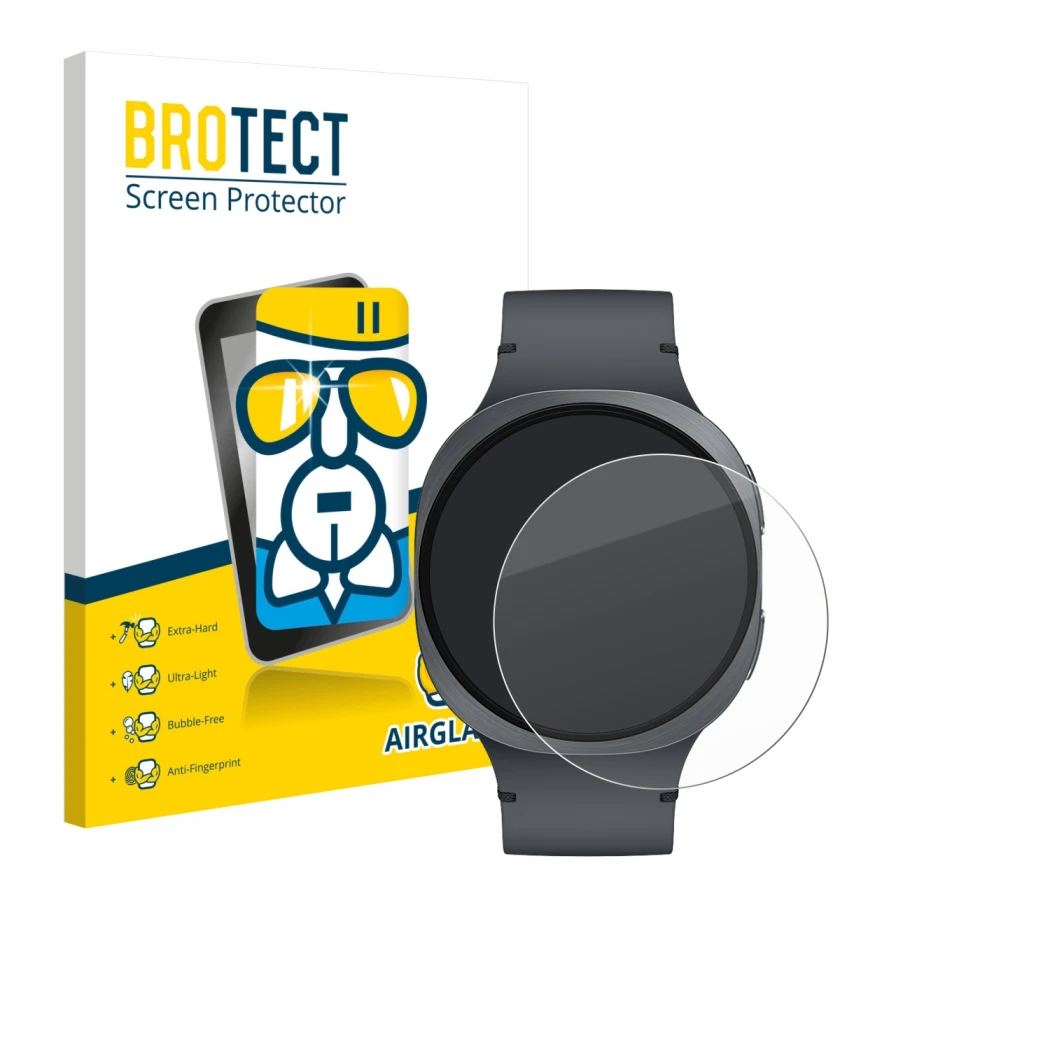 Front side of a product packaging with the brand logo BROTECT. Next to it is the device Samsung Galaxy Watch 8 (44 mm) shown w