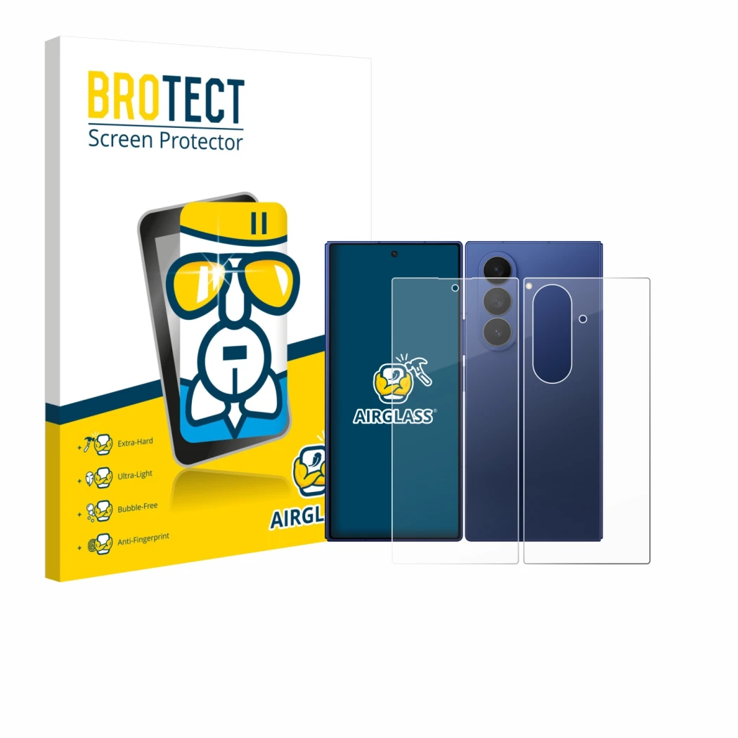 Front side of a product packaging with the brand logo BROTECT. Next to it is the device Samsung Galaxy Z Fold 7 (Front+Back) s