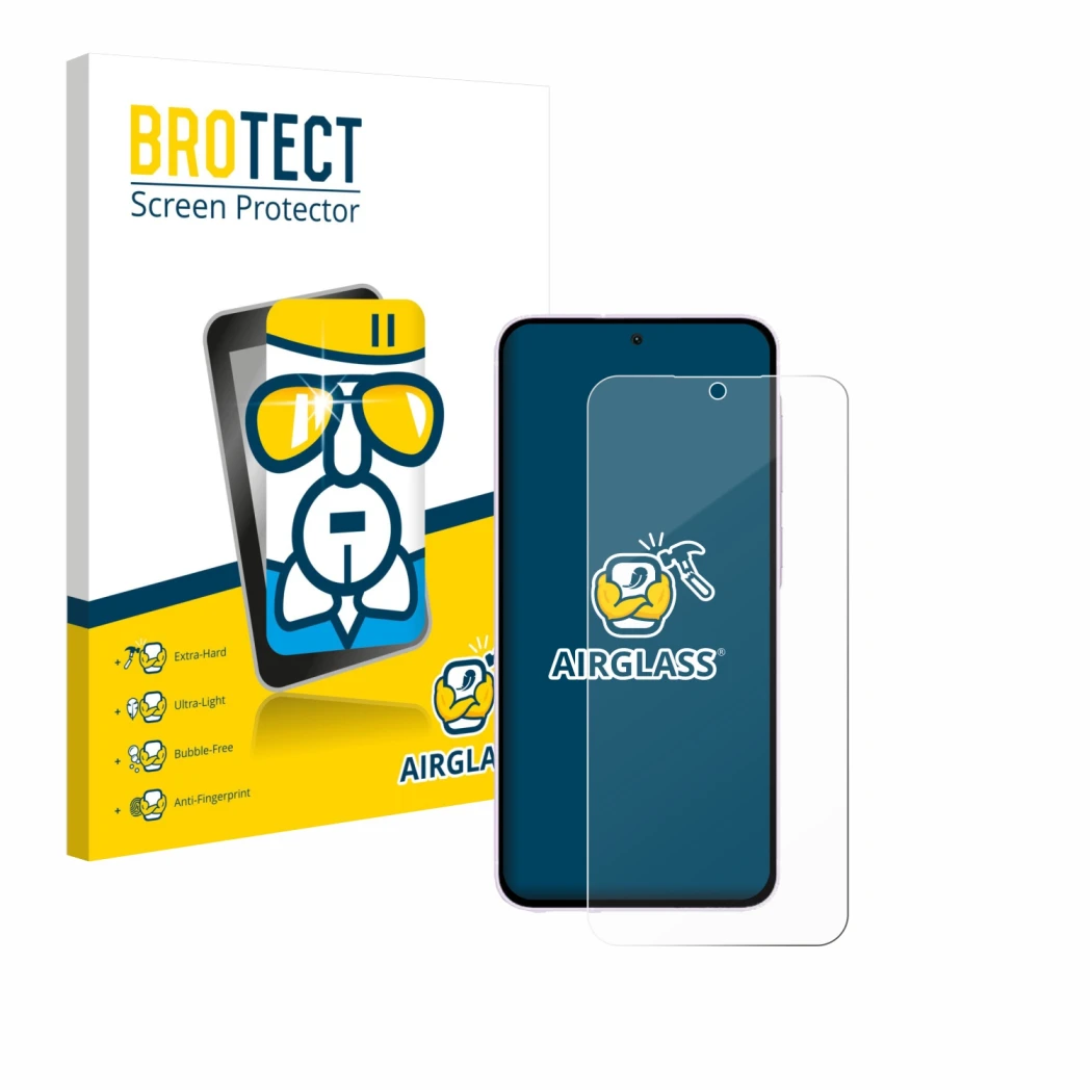 Front side of a product packaging with the brand logo BROTECT. Next to it is the device Samsung Galaxy A56 5G (case-friendly) 