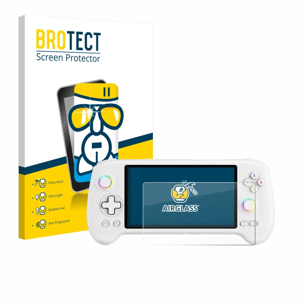Front side of a product packaging with the brand logo BROTECT. Next to it is the device Anbernic RG557 shown with the correspo