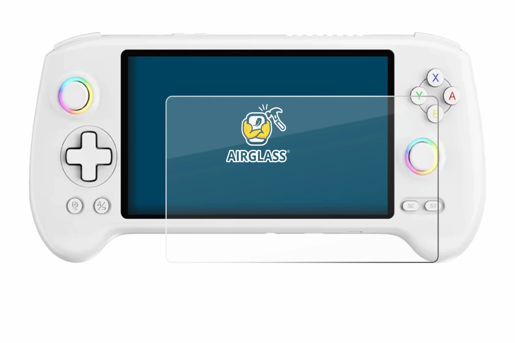 Image of the device Anbernic RG557 with a wide variety of screen protectors.