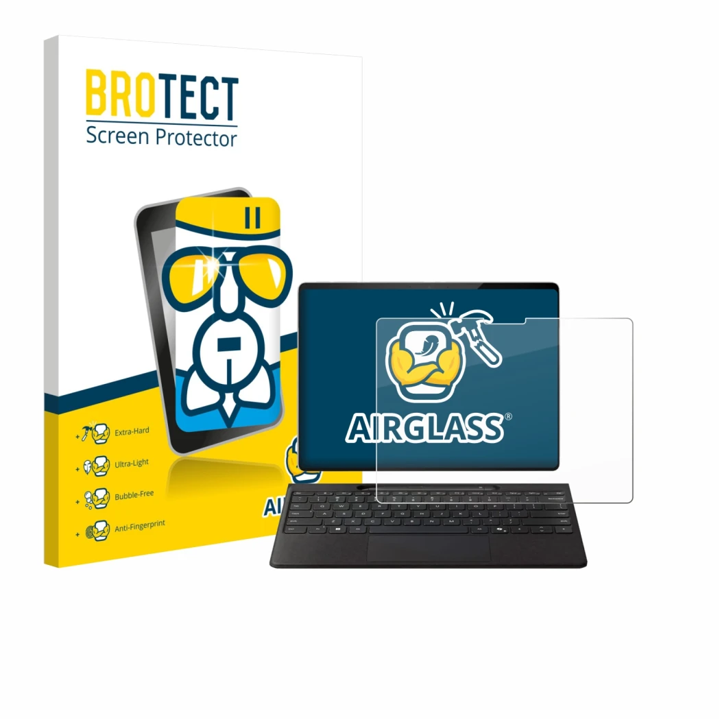 Front side of a product packaging with the brand logo BROTECT. Next to it is the device Microsoft Surface Pro Copilot+ 13